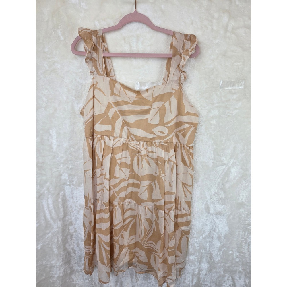 Gilli Women‎ 1X Tan Cream Leaf Print Ruffle Strap Tiered Cotton Mini Dress